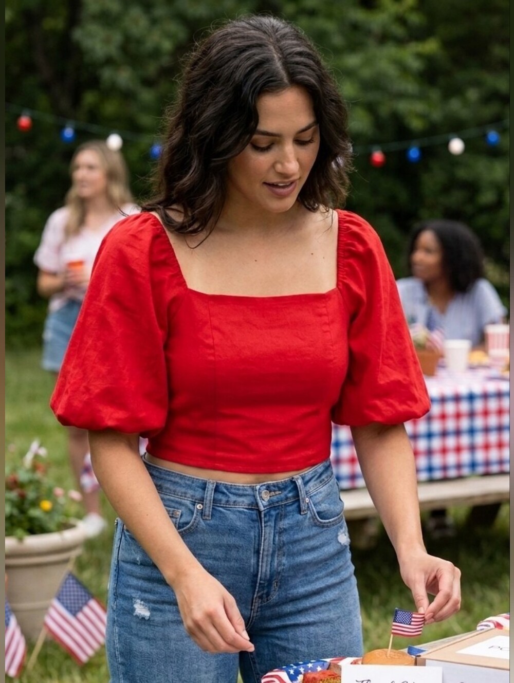 Mi Ami Women's Red Puff-Sleeve Square Neck Crop Top | Size M